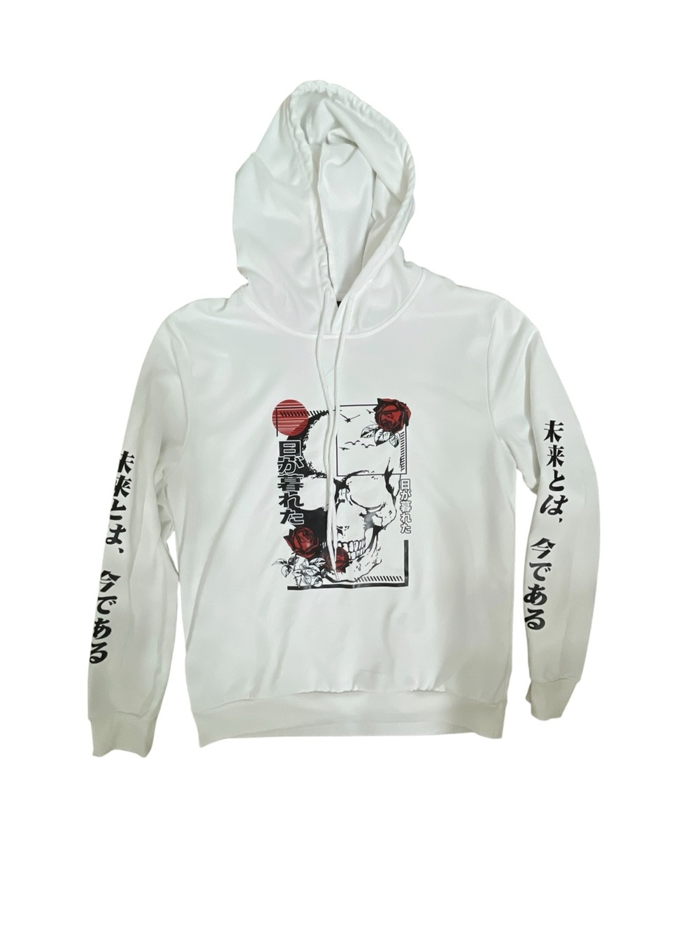 ROMWE Men’s S Regular White Anime Graphic Print Pullover Hoodie